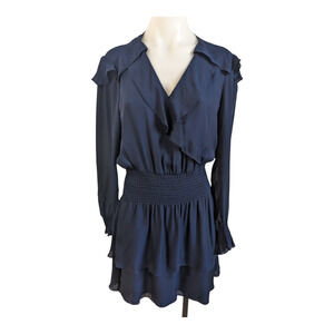 Parker Medium Surplice Shift Mini Dress Navy Ruffled Smocked Waist Long Sleeve